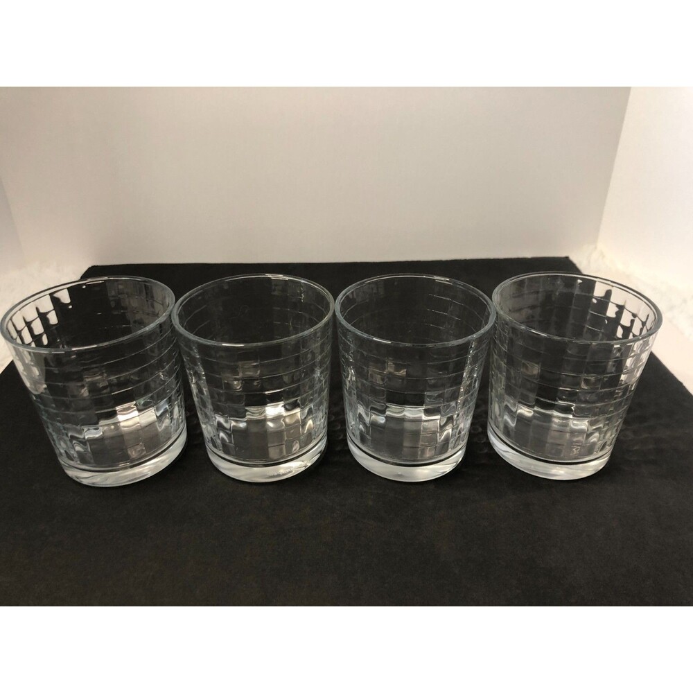 Vintage Pasabahce Glasses 6 oz Lowball Block Optic Windowpane Grid Set Of 4